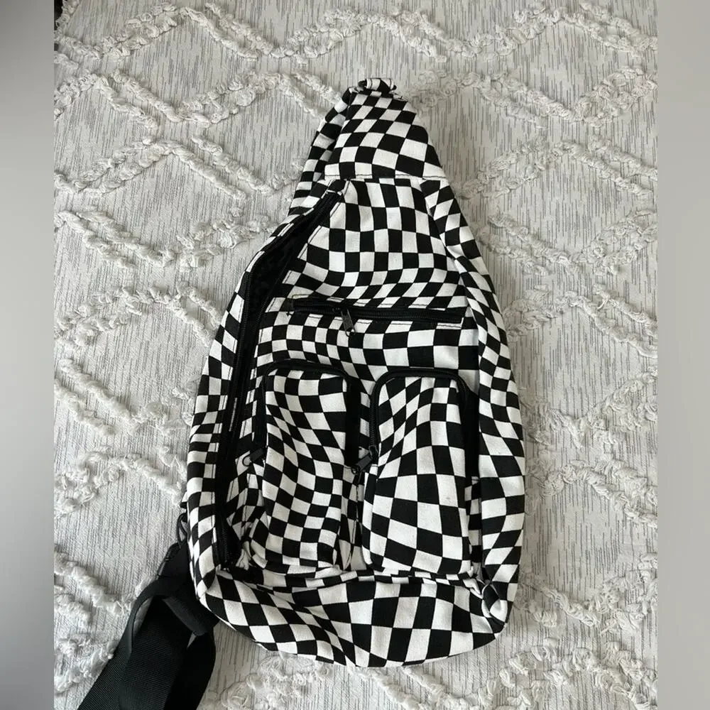Black White Checkered Sling Backpack Crossbody Shoulder Unisex Travel Hiking